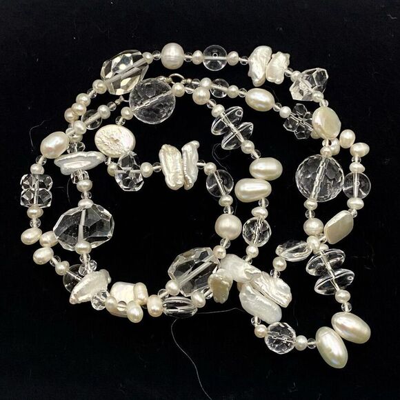 OU#  Long 26” Pearl & Crystal Necklace w/ 925 Silver Clasp - Picture 7 of 9